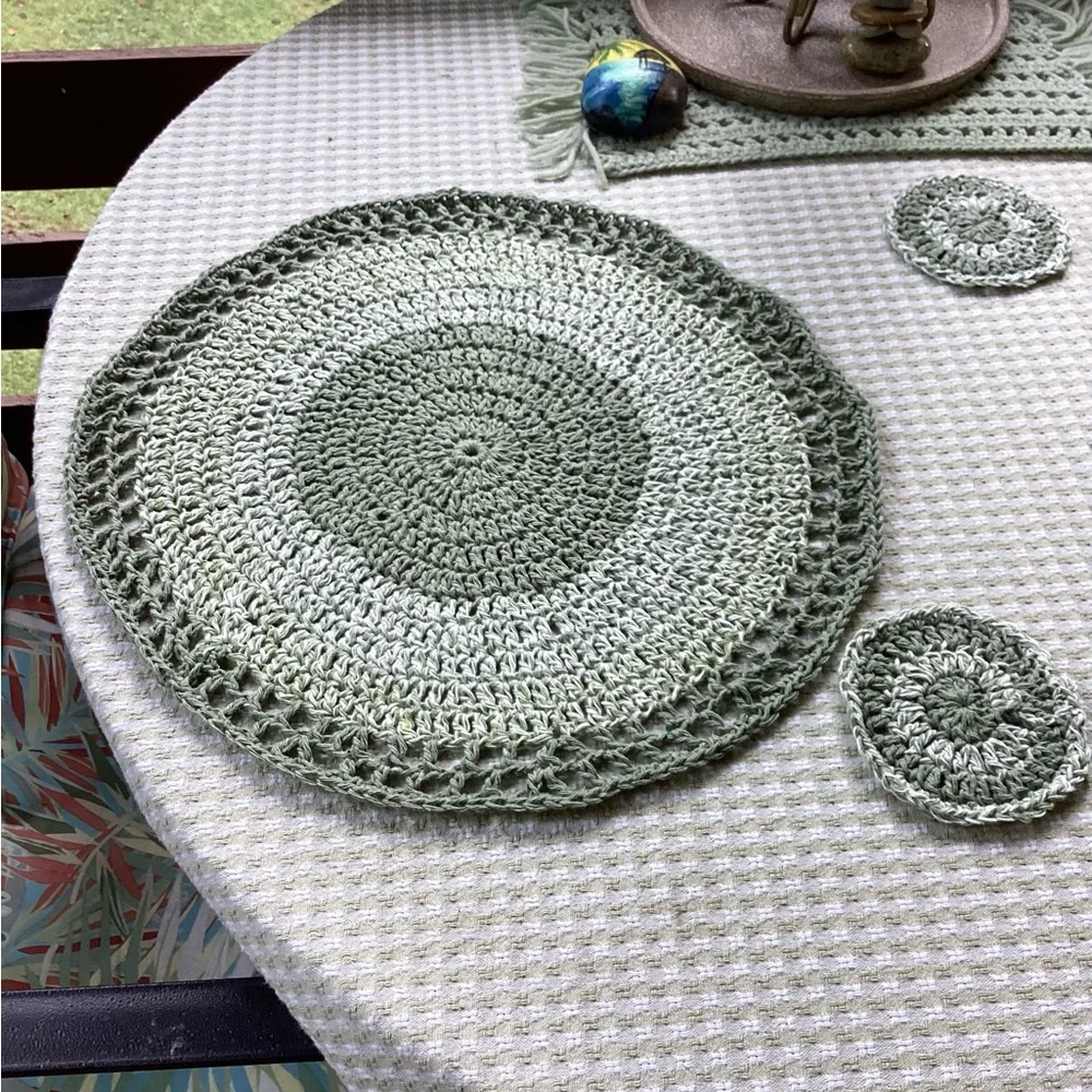 Placemat Coaster Set Hand Crafted Green White Cotton Crochet Boho